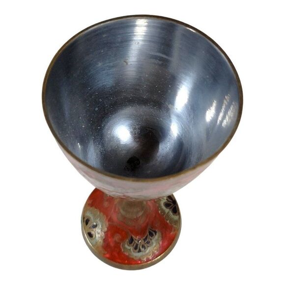 Vintage Enamel Hand Painted Etched Brass Cloisonne Peacock Wine Goblet India Red - Picture 6 of 8